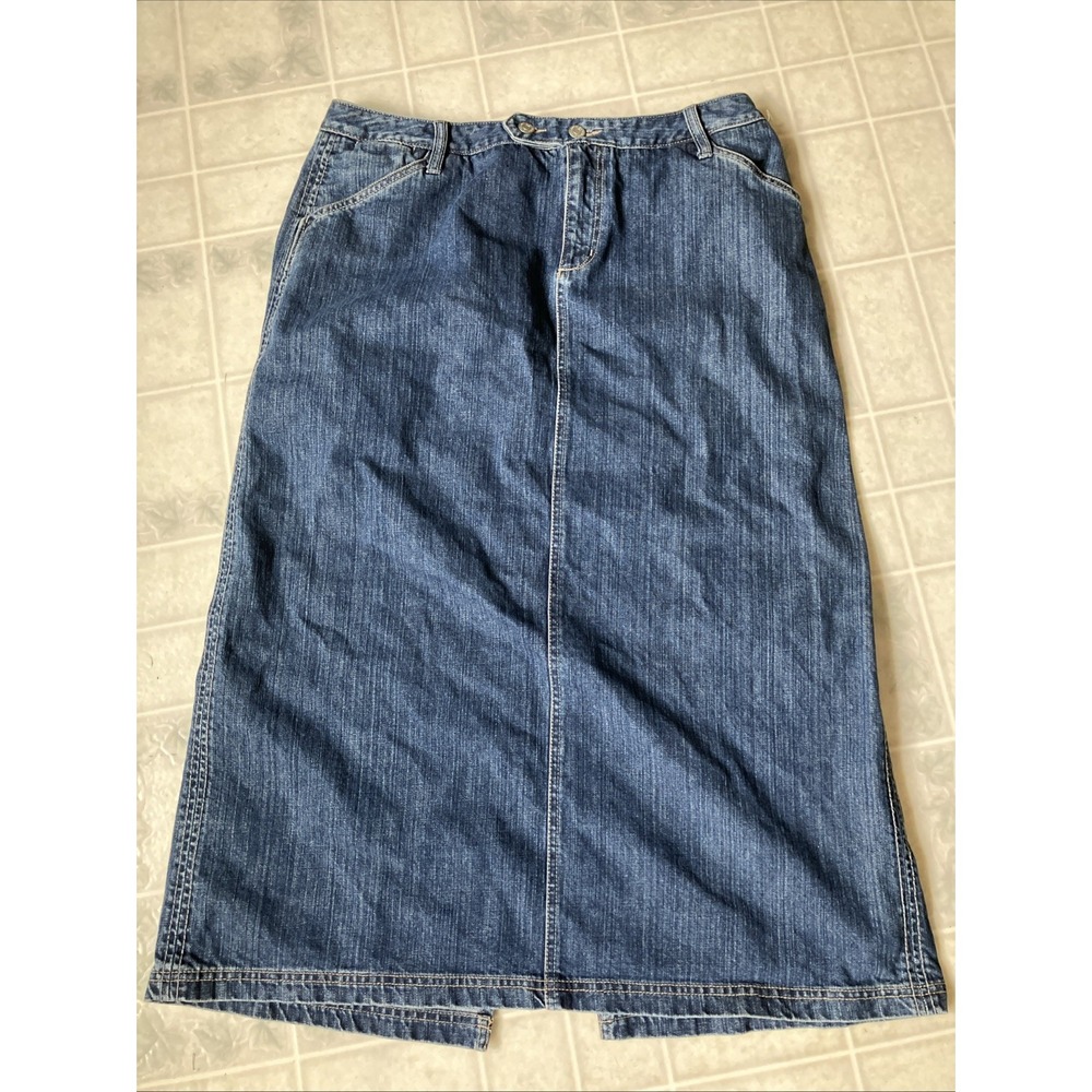 Eddie Bauer SIZE 16 LONG Blue DENIM JEAN SKIRT Modest Back Slit 100% Cotton